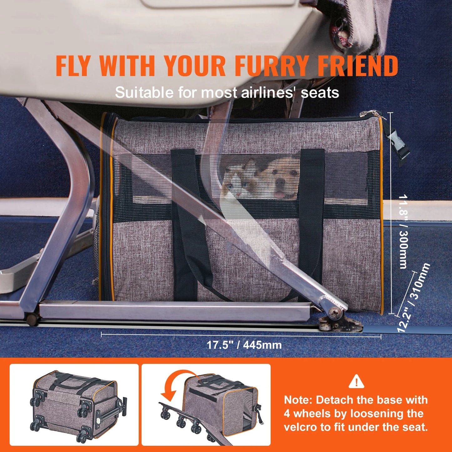 Cat Carrier with Wheels Airline Approved Rolling Pet Carrier 22 Lbs Grey for Cat Dog Small Medium Animals Kitten Puppy