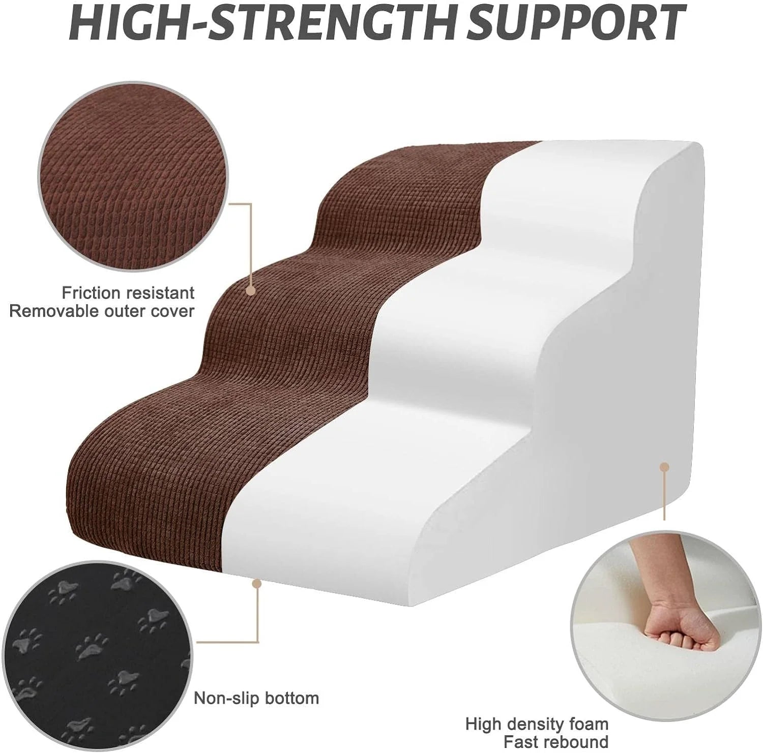 Dog Ramp for Couch or Bed, 3-Step Dog Stairs & Steps for Small Dogs and Old Cats, Soft and Non-Slip Pet Steps, Suitable for Short-Legged Dogs, Injured Pets