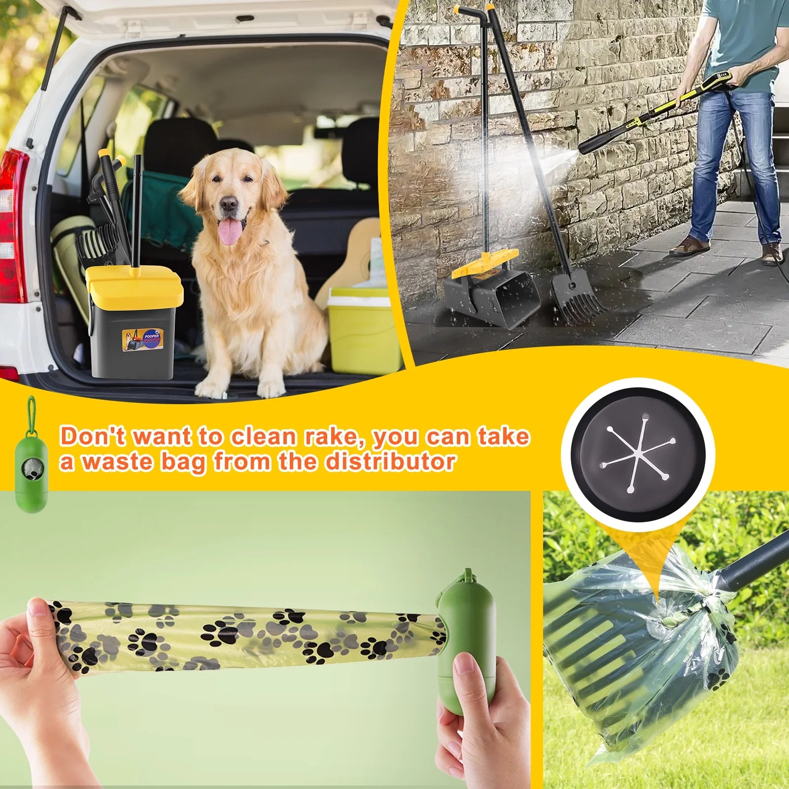 Pooper Scooper for Large Medium Small Dog, 46" Long Adjustable Portable Handle Dog Pooper Scooper Swivel Bin & Rake with 35 Waste Bag, Heavy Duty Poop Scooper for Yard