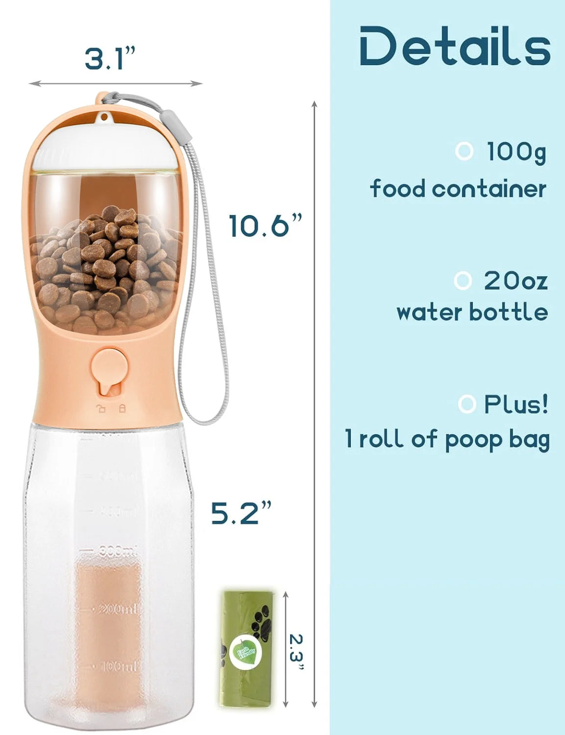 Portable 3-In-1 Dog Water Bottle with Food Container & Poop Bag Holder, 20Oz (Orange)