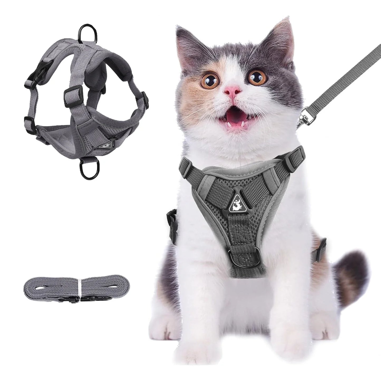 Cat Harness and Leash Set for Walking, Escape Proof Soft Adjustable Vest Harnesses with Reflective Strips for Cat and Puppy, Gray, M