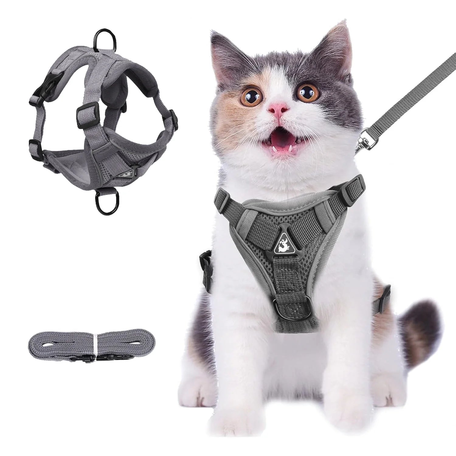Cat Harness and Leash Set for Walking, Escape Proof Soft Adjustable Vest Harnesses with Reflective Strips for Cat and Puppy, Gray, M