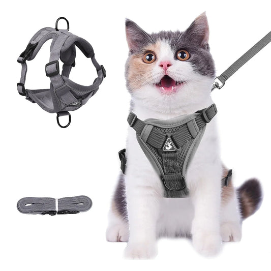 Cat Harness and Leash Set for Walking, Escape Proof Soft Adjustable Vest Harnesses with Reflective Strips for Cat and Puppy, Gray, M
