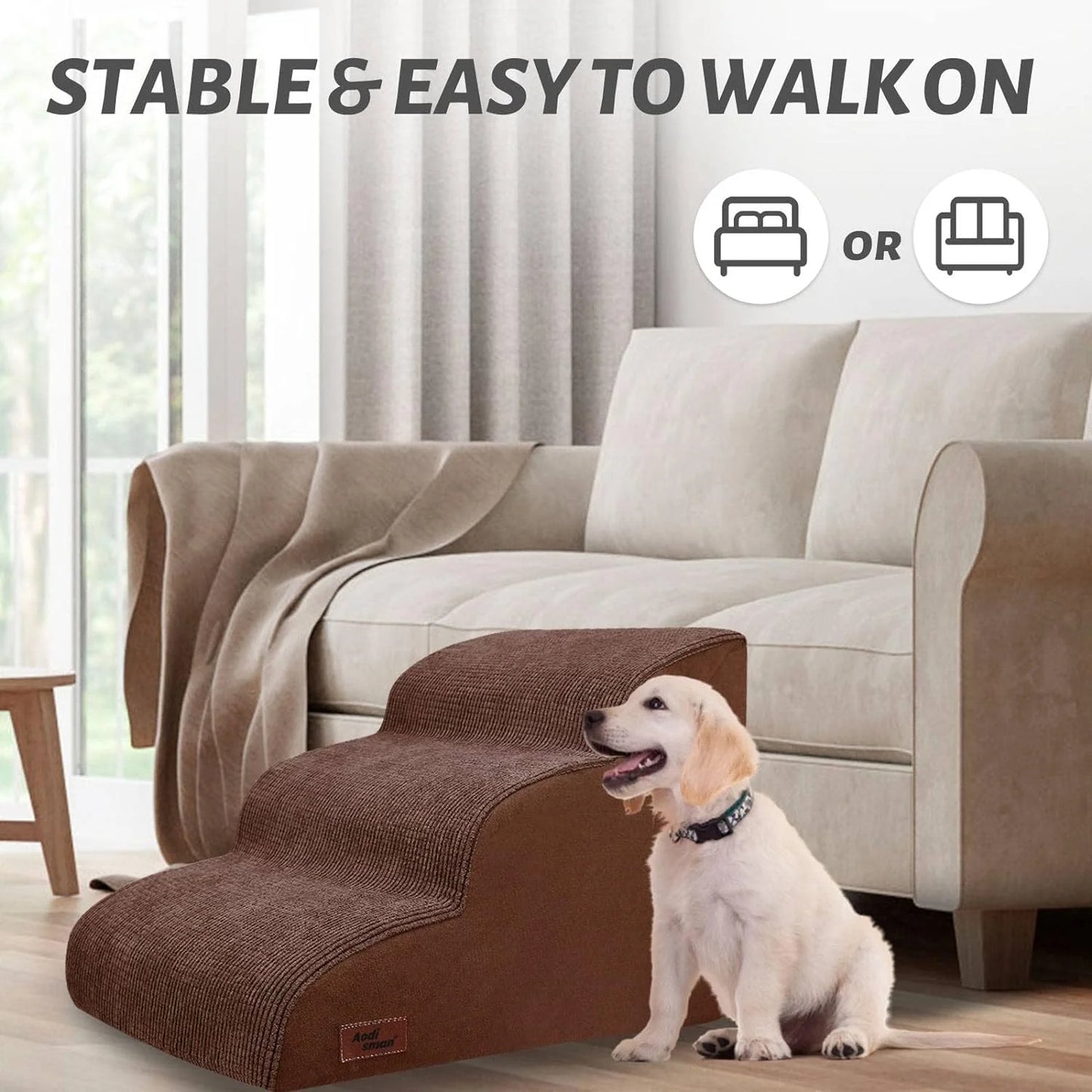 Dog Ramp for Couch or Bed, 3-Step Dog Stairs & Steps for Small Dogs and Old Cats, Soft and Non-Slip Pet Steps, Suitable for Short-Legged Dogs, Injured Pets