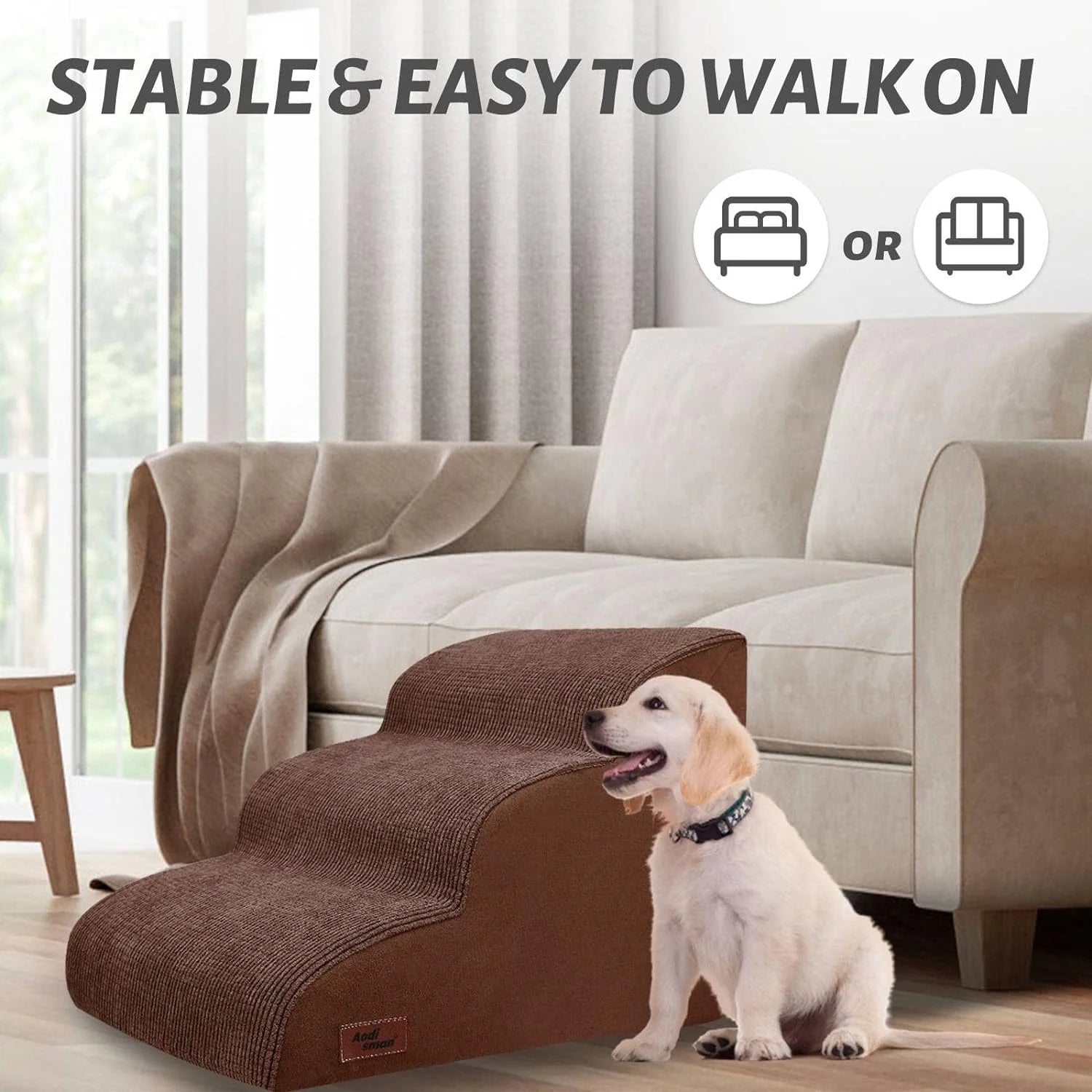 Dog Ramp for Couch or Bed, 3-Step Dog Stairs & Steps for Small Dogs and Old Cats, Soft and Non-Slip Pet Steps, Suitable for Short-Legged Dogs, Injured Pets