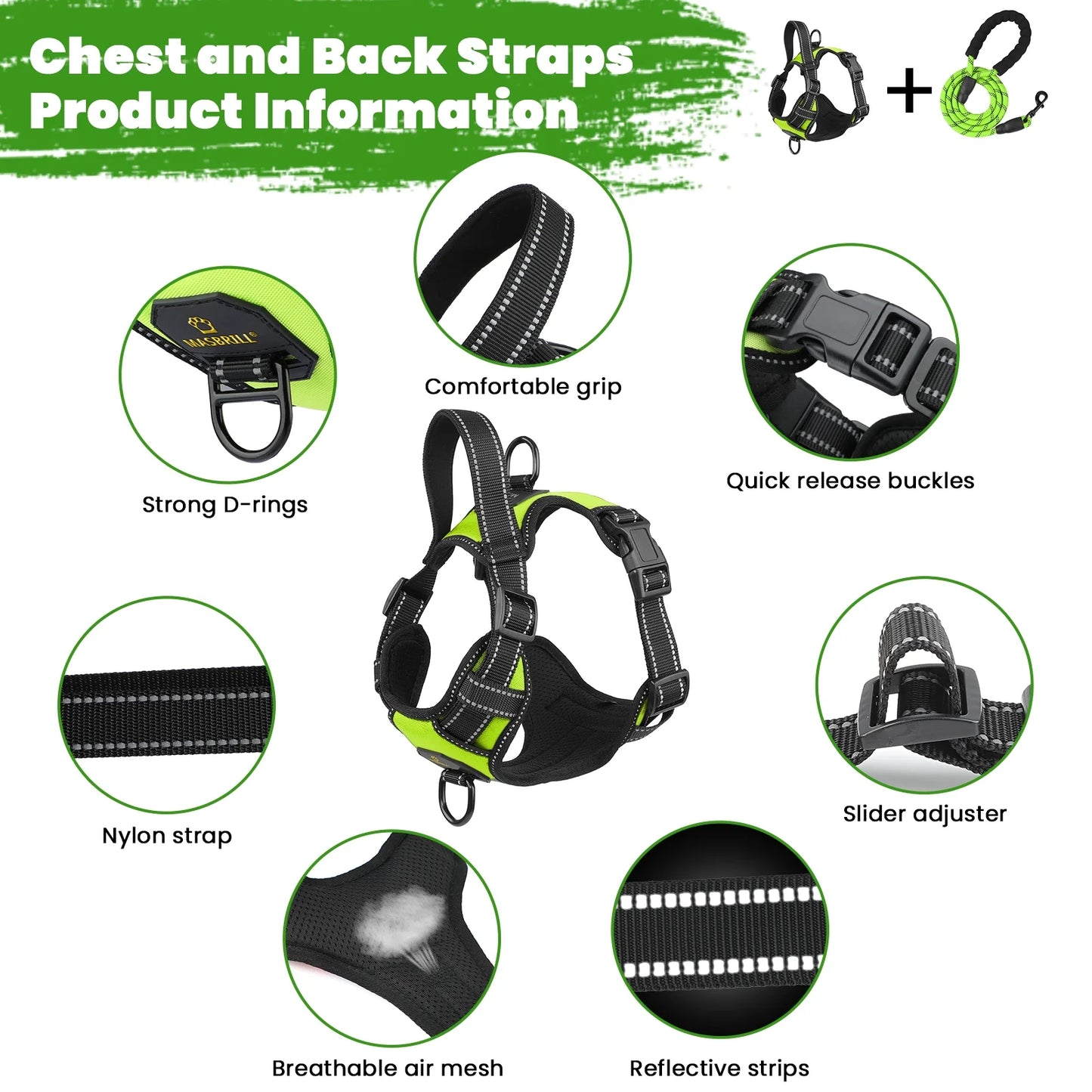 Dog Harness and Leash Set, No Pull Vest Harness, Reflective Adjustable Soft Padded Pet Harness with Handle for Small to Large Dogs