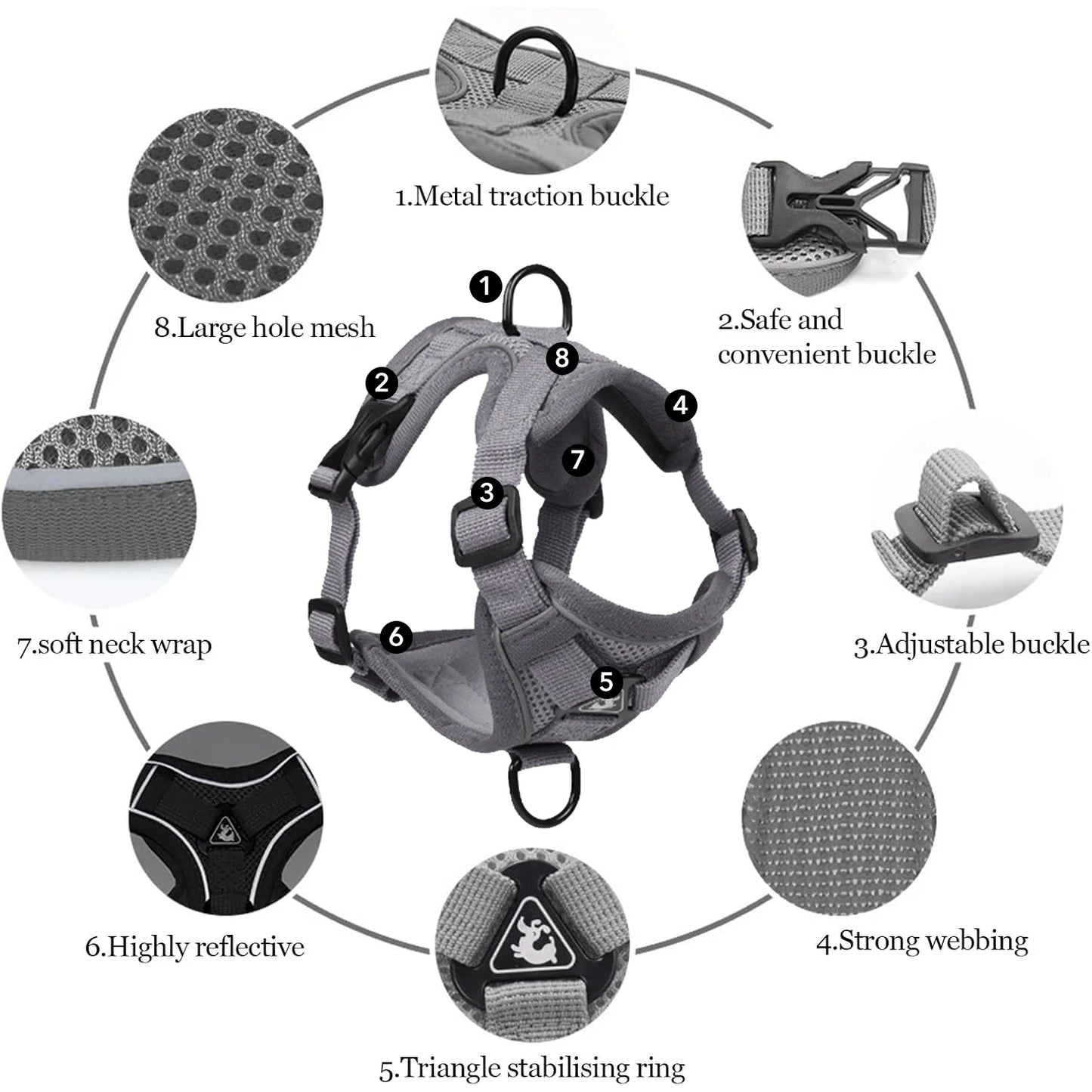 Cat Harness and Leash Set for Walking, Escape Proof Soft Adjustable Vest Harnesses with Reflective Strips for Cat and Puppy, Gray, M