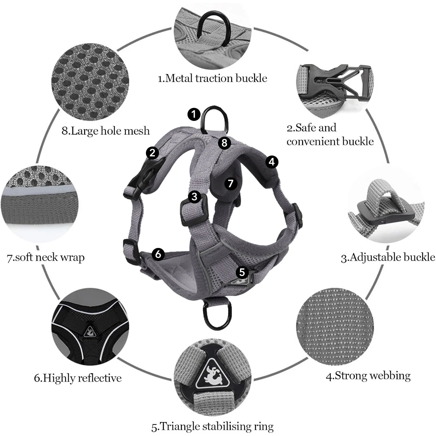 Cat Harness and Leash Set for Walking, Escape Proof Soft Adjustable Vest Harnesses with Reflective Strips for Cat and Puppy, Gray, M