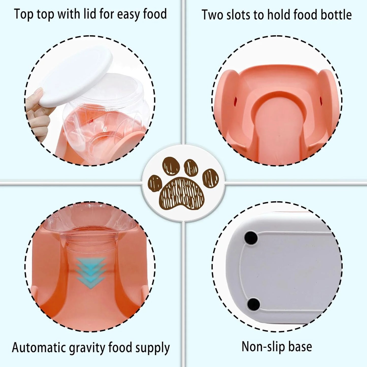 Automatic Dog Food Feeder Gravity Cat Food Dispenser Large Capacity Pet Self Feeding Station Bowl Dish for Small and Medium Dogs Cats,1 Gallon,Pink