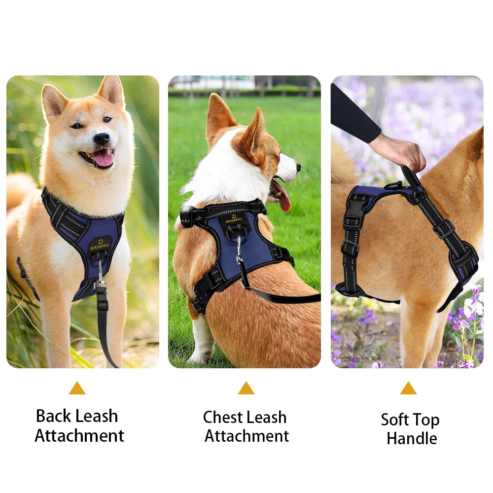 Reflective Dog Harness No Pull Dog Vest Harness with Handle, Breathable Padded Dog Chest Harness Adjustable for Large Dog-Blue XL