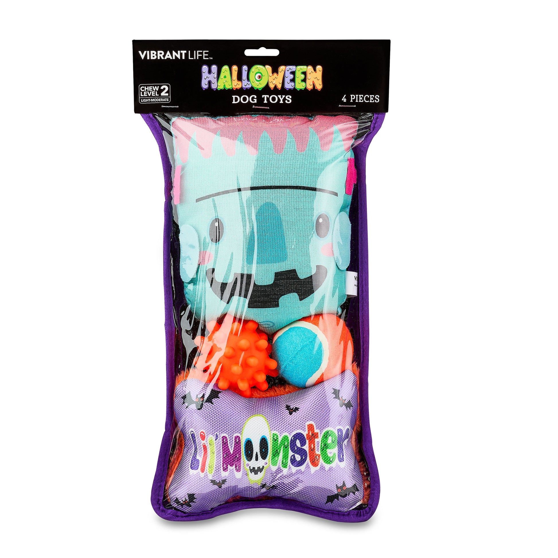 Halloween Dog Toys, 4 Piece Multipack, Teal Plush Frankenstein, Purple Squeaky Bone, Multicolored Tennis Ball, Orange Spiky Ball