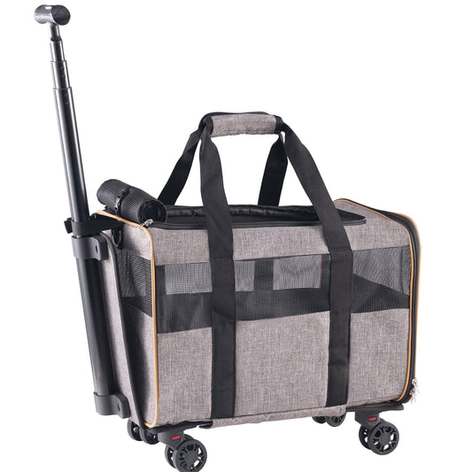 Cat Carrier with Wheels Airline Approved Rolling Pet Carrier 22 Lbs Grey for Cat Dog Small Medium Animals Kitten Puppy