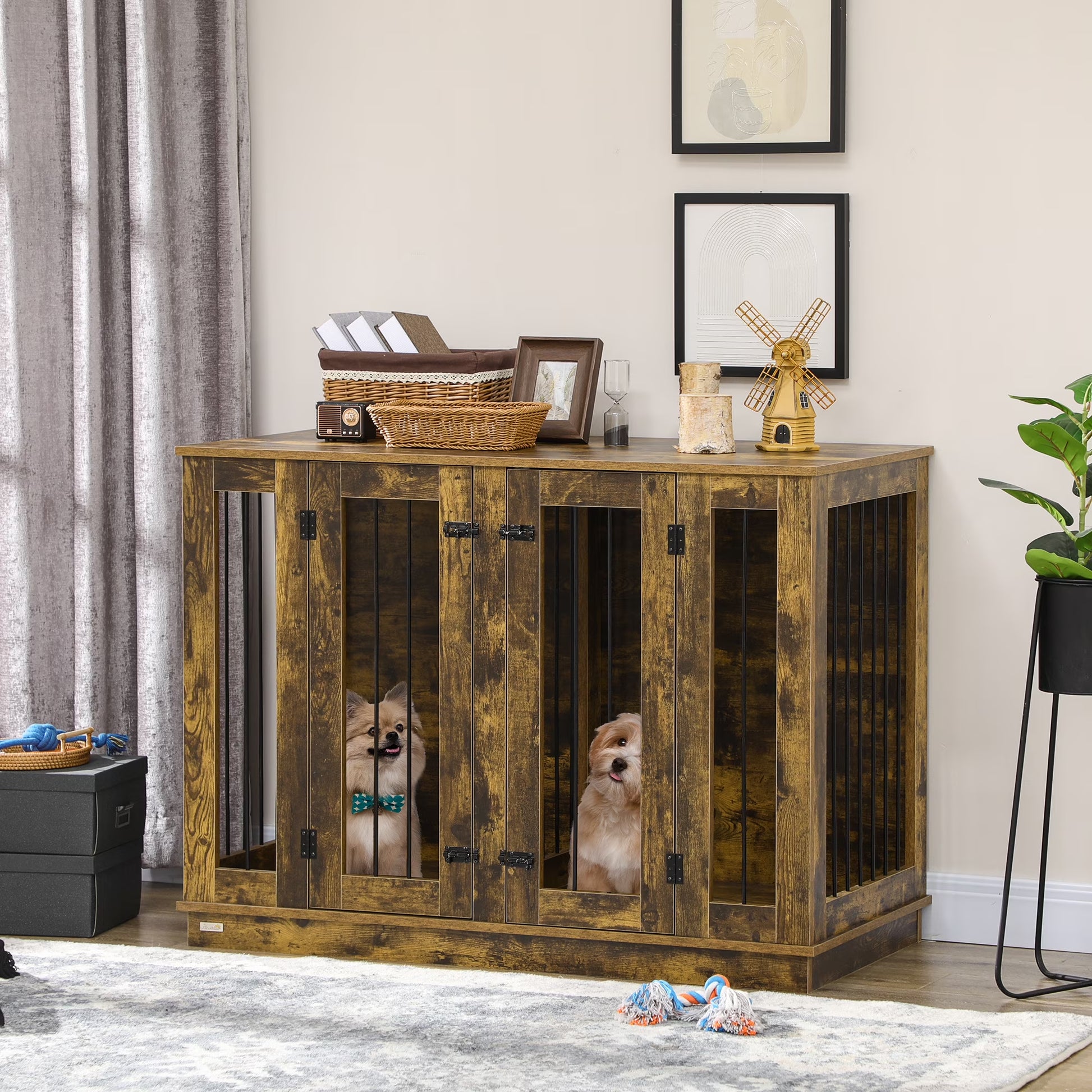 Large Furniture Style Dog Crate with Removable Panel Rustic Brown