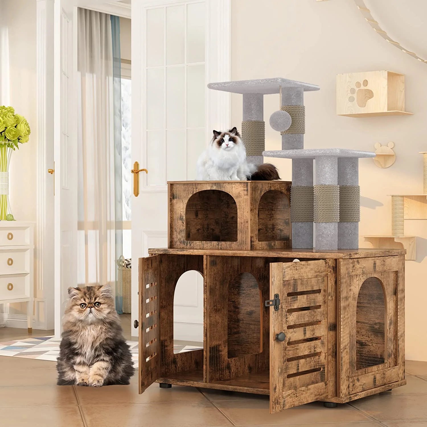 Rustic Brown 2-Level 429" Cat Tree with Scratching Posts, Brown
