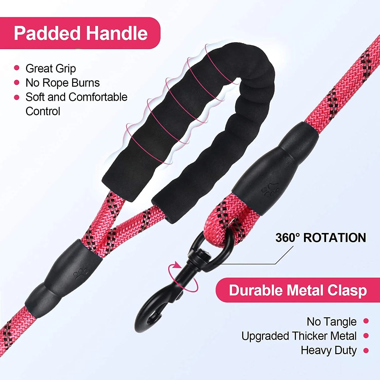 Reflective Strong Rope Dog Leash with Comfortable Padded Handle Heavy Duty Metal Clasp for Dogs for Pets (5 FT)PINK