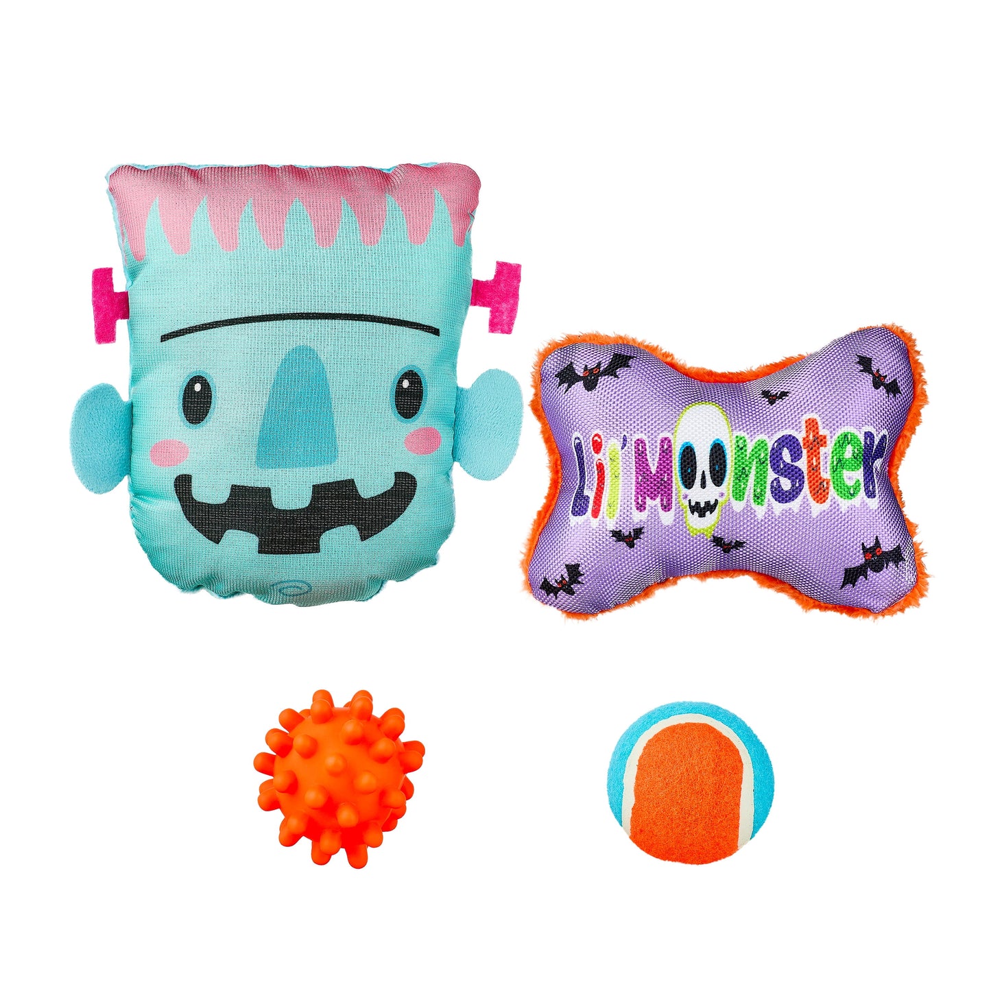 Halloween Dog Toys, 4 Piece Multipack, Teal Plush Frankenstein, Purple Squeaky Bone, Multicolored Tennis Ball, Orange Spiky Ball