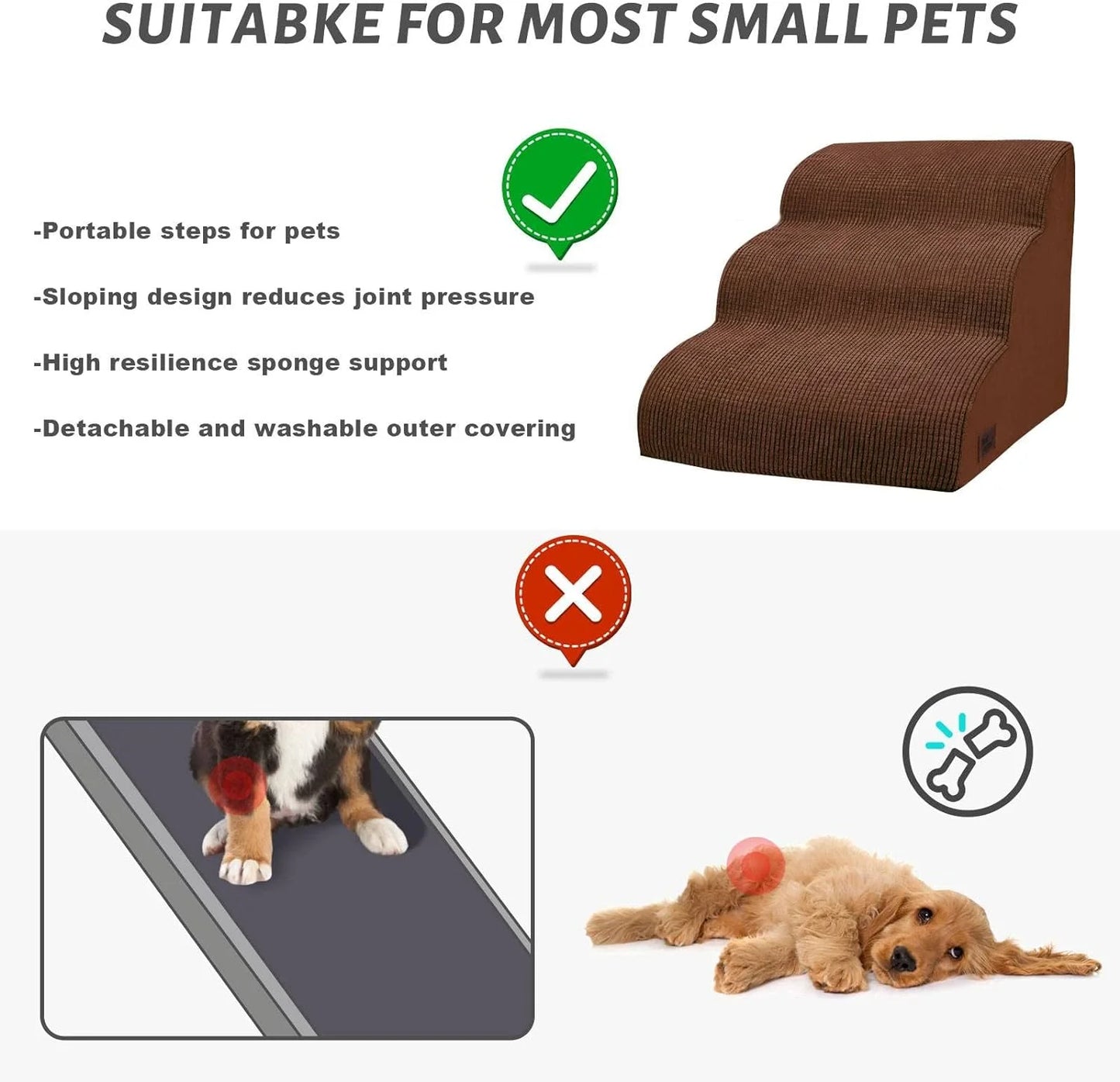 Dog Ramp for Couch or Bed, 3-Step Dog Stairs & Steps for Small Dogs and Old Cats, Soft and Non-Slip Pet Steps, Suitable for Short-Legged Dogs, Injured Pets