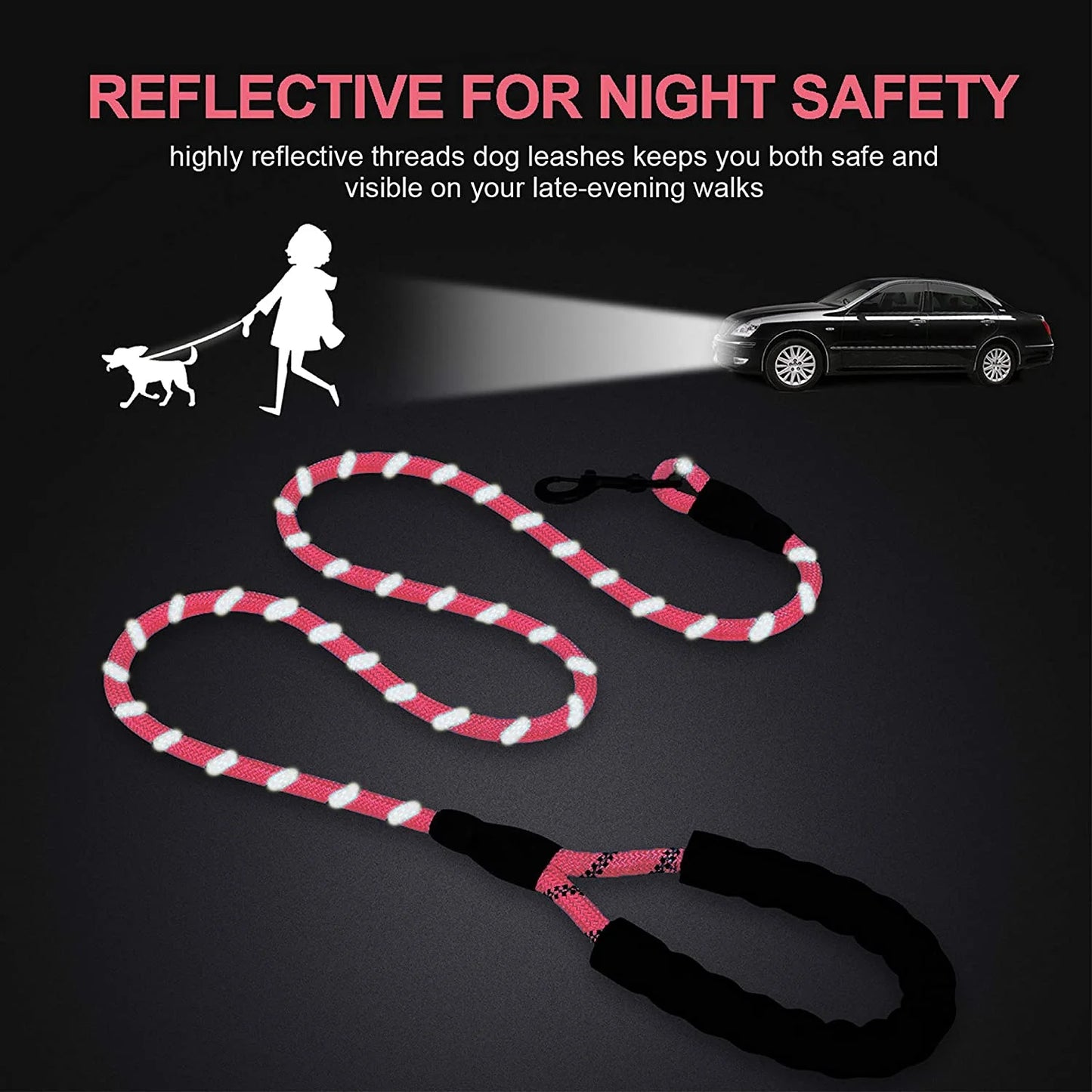 Reflective Strong Rope Dog Leash with Comfortable Padded Handle Heavy Duty Metal Clasp for Dogs for Pets (5 FT)PINK