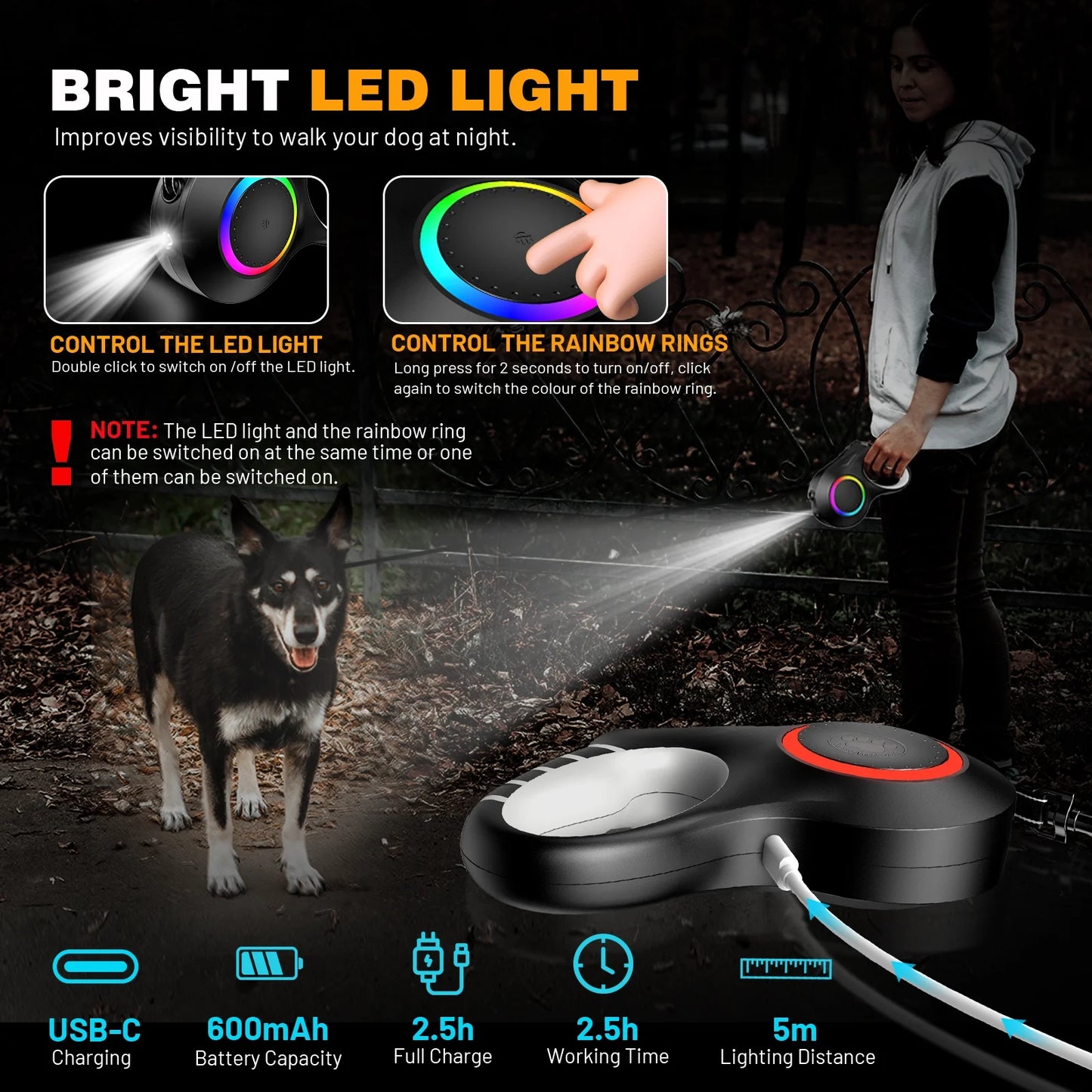 Retractable Dog Leash with Chew Proof Wire Rope, 20Ft Dog Leash Retractable Withlight, Poop Bag Dispenser