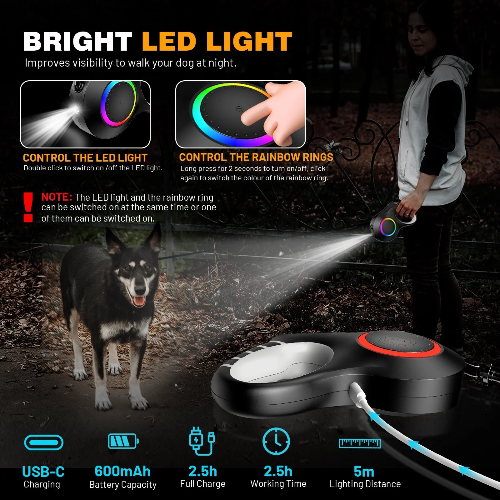 Retractable Dog Leash with Chew Proof Wire Rope, 20Ft Dog Leash Retractable Withlight, Poop Bag Dispenser