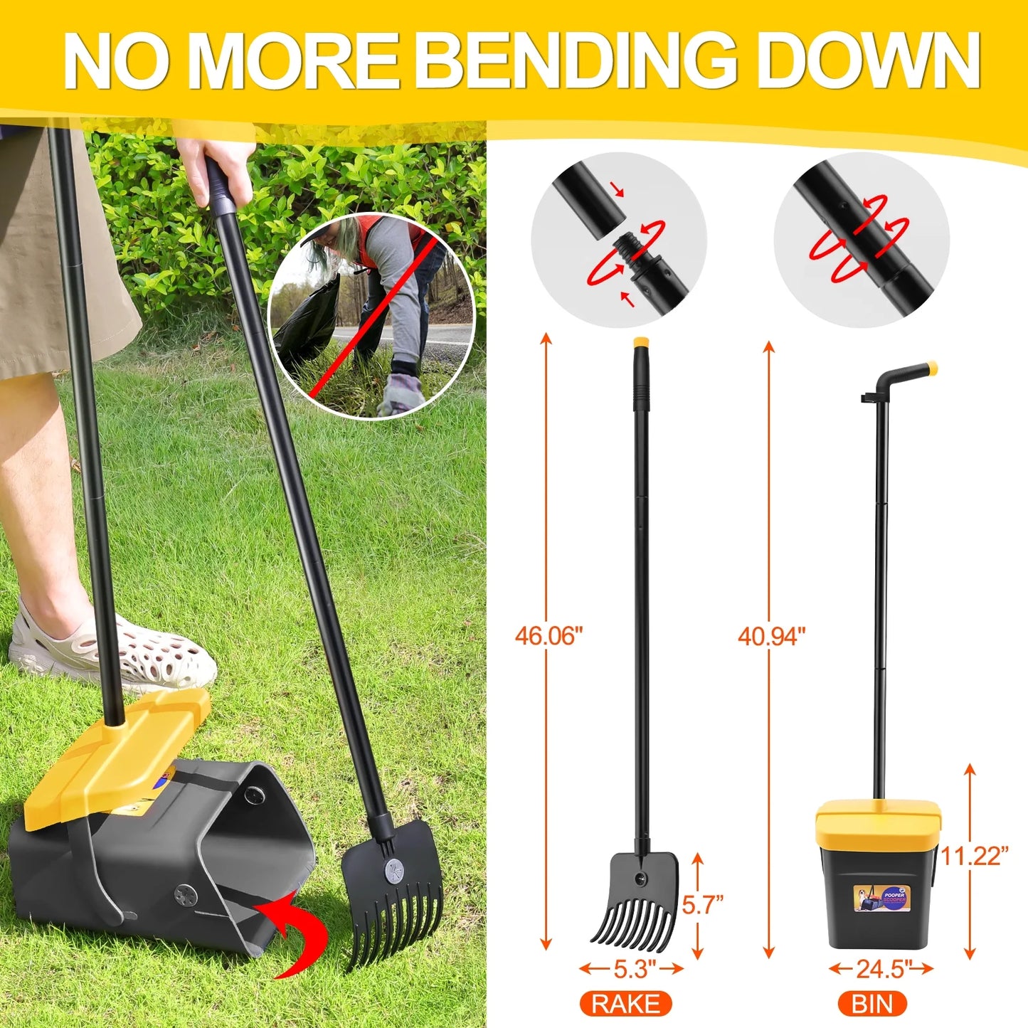 Pooper Scooper for Large Medium Small Dog, 46" Long Adjustable Portable Handle Dog Pooper Scooper Swivel Bin & Rake with 35 Waste Bag, Heavy Duty Poop Scooper for Yard