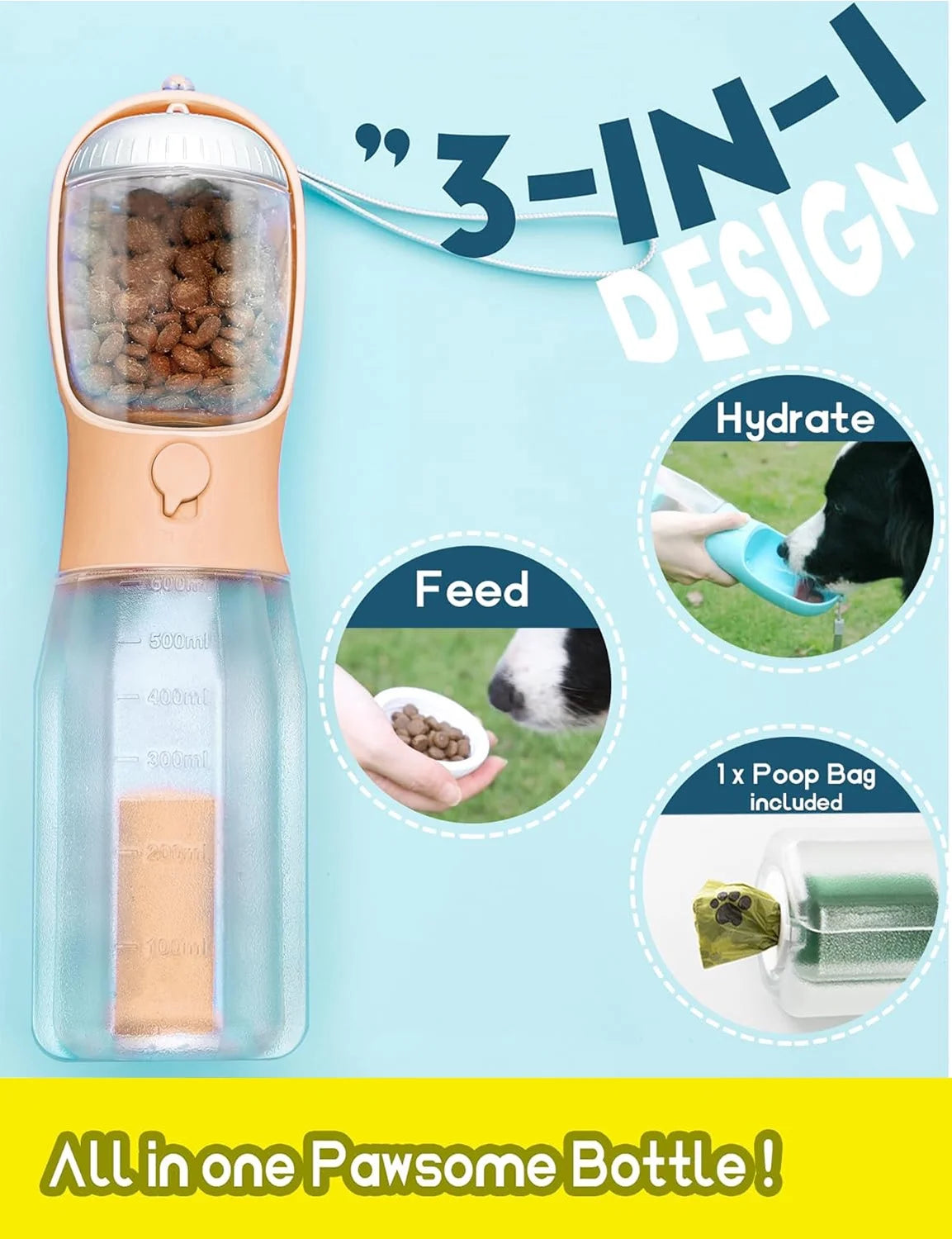 Portable 3-In-1 Dog Water Bottle with Food Container & Poop Bag Holder, 20Oz (Orange)