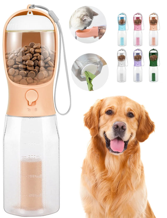 Portable 3-In-1 Dog Water Bottle with Food Container & Poop Bag Holder, 20Oz (Orange)