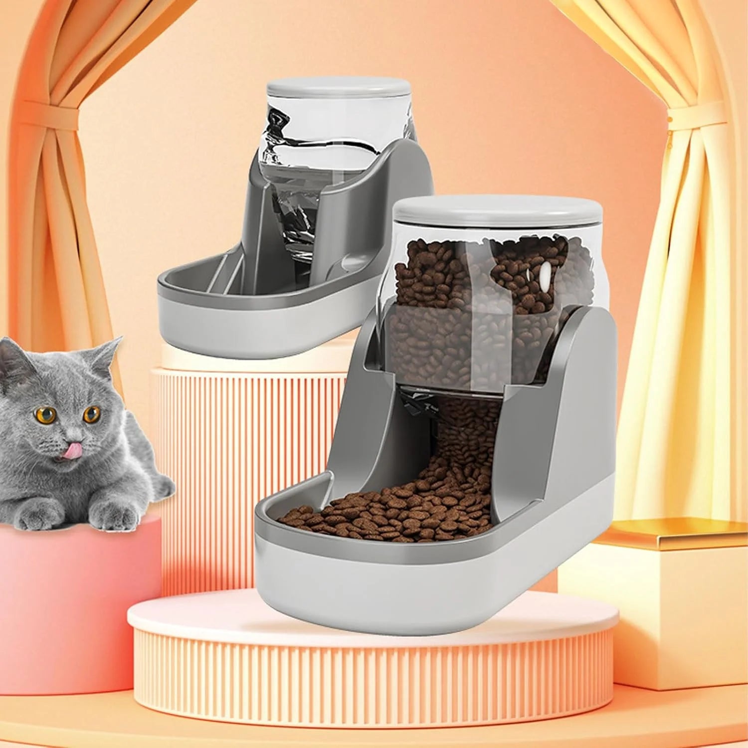 Automatic Dog Food Feeder Gravity Cat Food Dispenser Large Capacity Pet Self Feeding Station Bowl Dish for Small and Medium Dogs Cats,1 Gallon,Grey