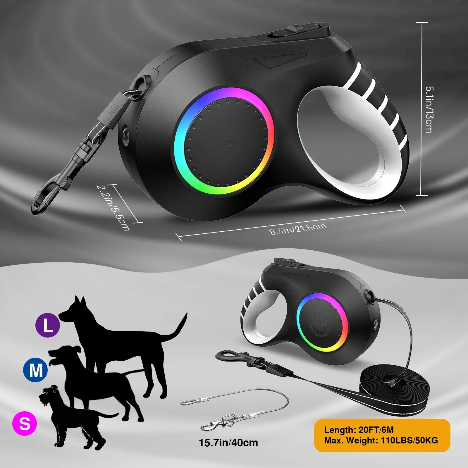 Retractable Dog Leash with Chew Proof Wire Rope, 20Ft Dog Leash Retractable Withlight, Poop Bag Dispenser
