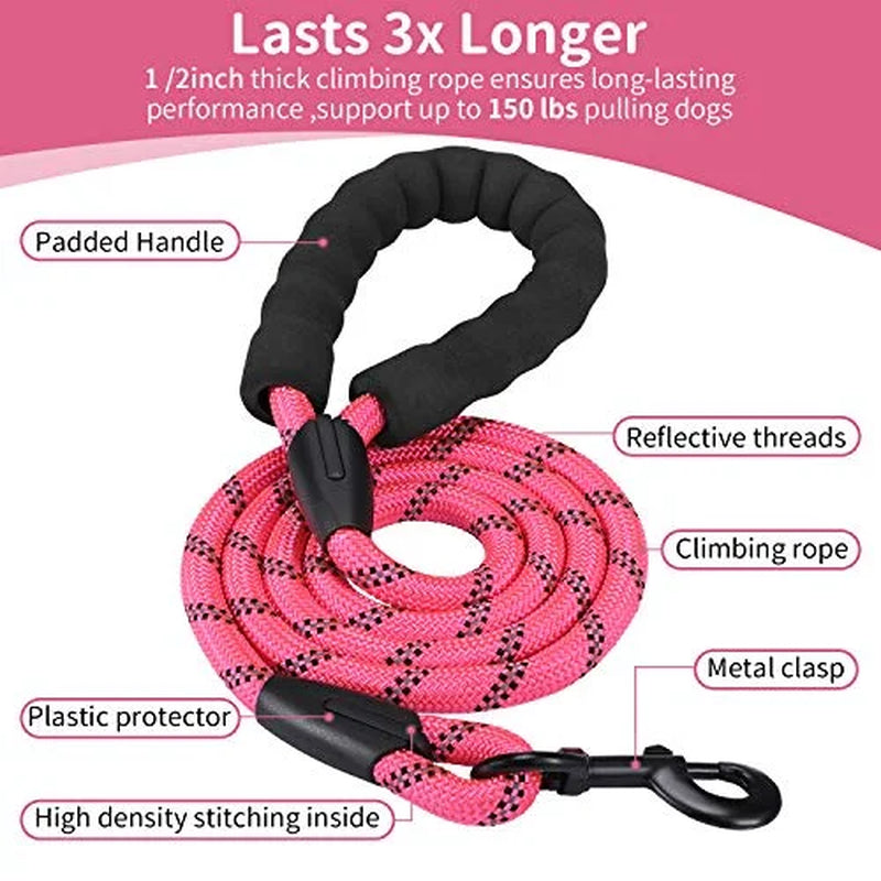 Dog Leash 6 FT with Comfortable Padded Handle, Highly Reflective Threads Leash for Medium Large Dogs, 1/2 Inch Diameter,Pink