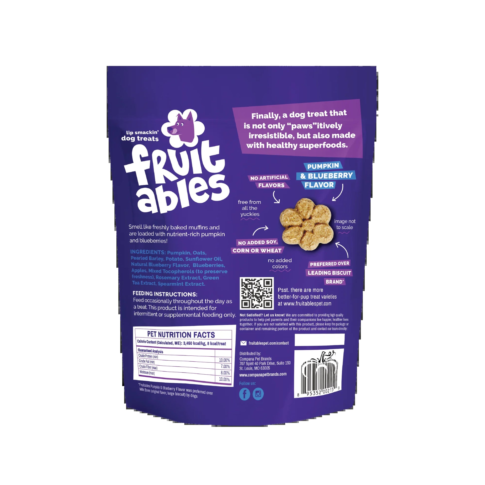 Crunchy Baked Dog Treats, Pumpkin & Blueberry Flavor, 7 Oz Bag