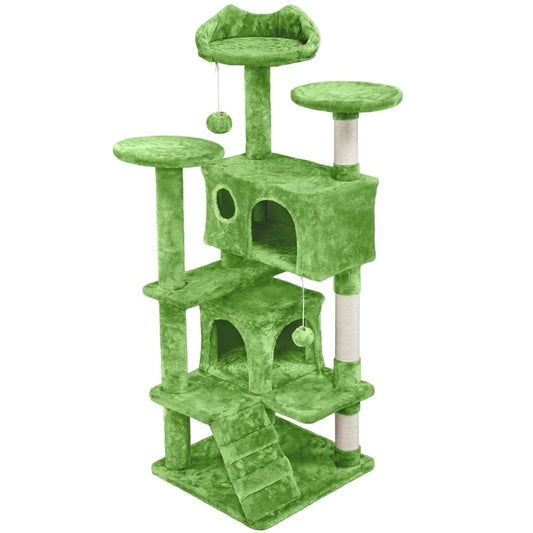 53.9" H Cat Tree with Double Condos, Scratching Posts & Ramp, Green