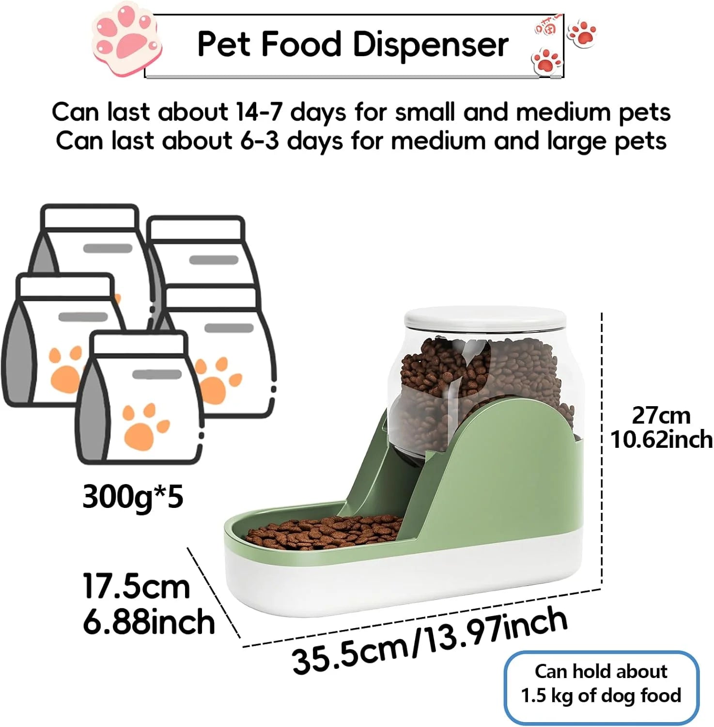 Automatic Dog Food Feeder Gravity Cat Food Dispenser Large Capacity Pet Self Feeding Station Bowl Dish for Small and Medium Dogs Cats,1 Gallon,Green