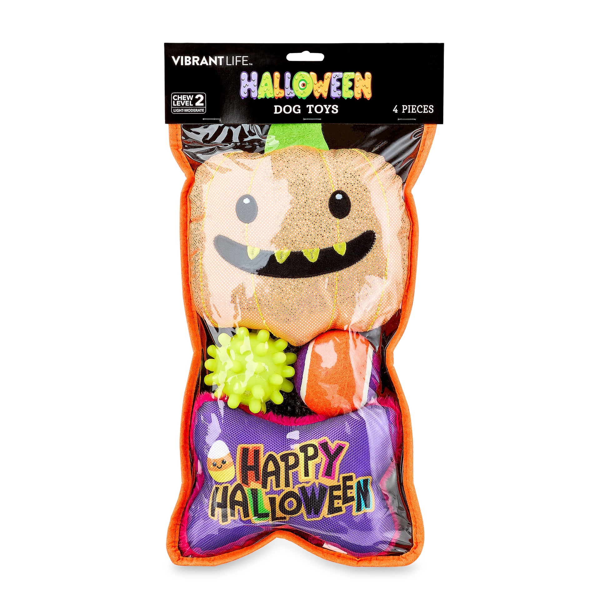 Halloween Dog Toys, 4 Piece Multipack, Orange Plush Pumpkin, Purple Squeaky Bone, Multicolored Tennis Ball, Yellow Spiky Ball