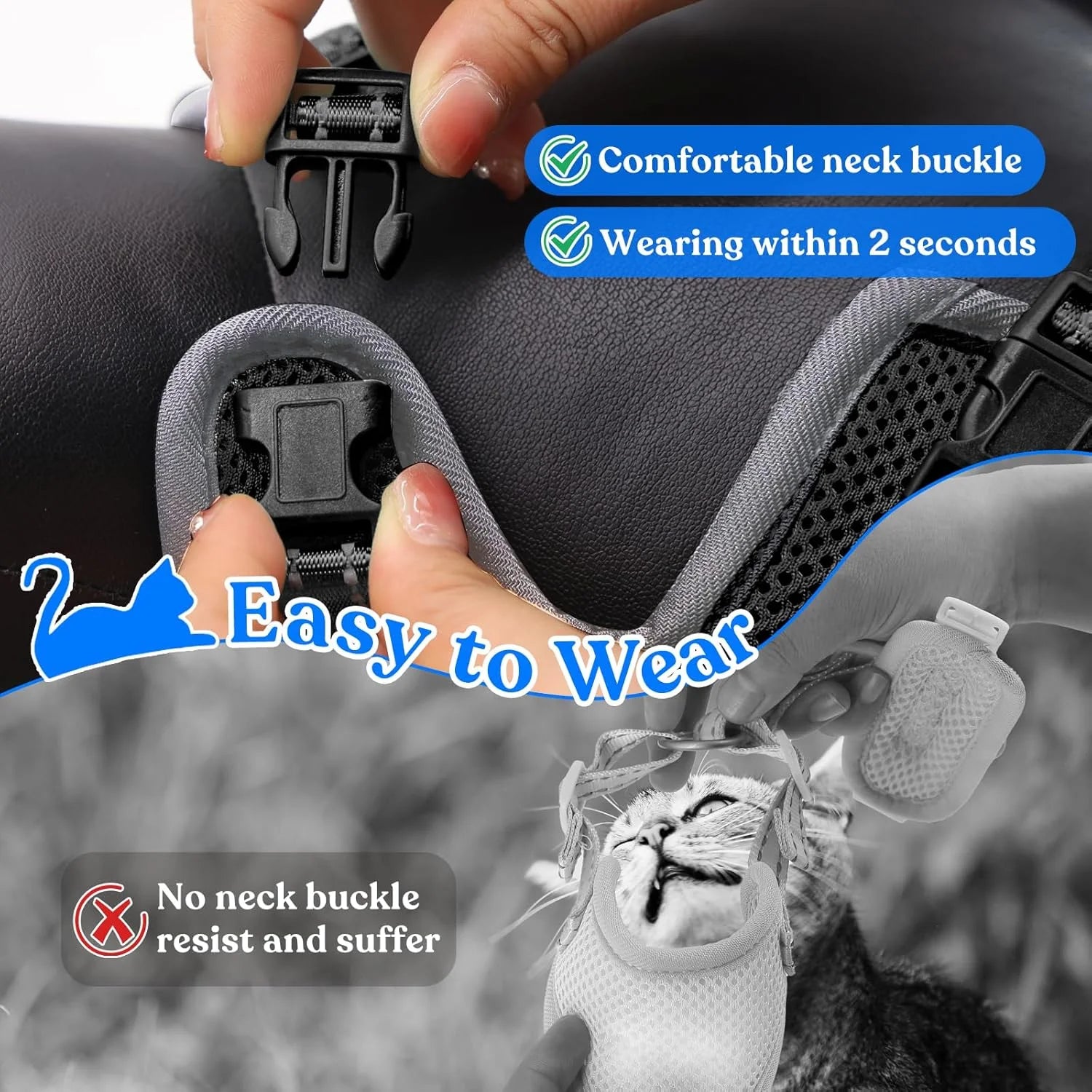 Cat Harness and Leash Set for Walking, Escape Proof Soft Adjustable Vest Harnesses with Reflective Strips for Cat and Puppy, Gray, M