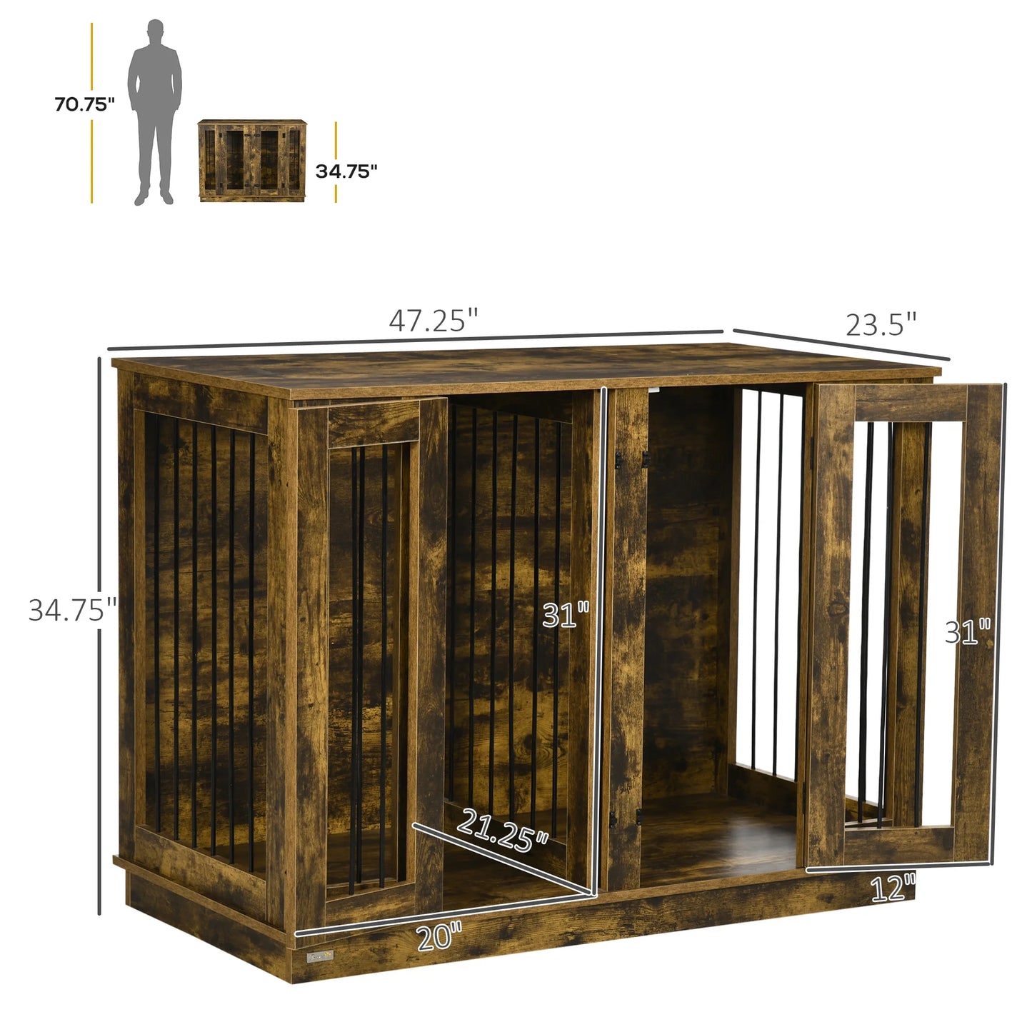 Large Furniture Style Dog Crate with Removable Panel Rustic Brown