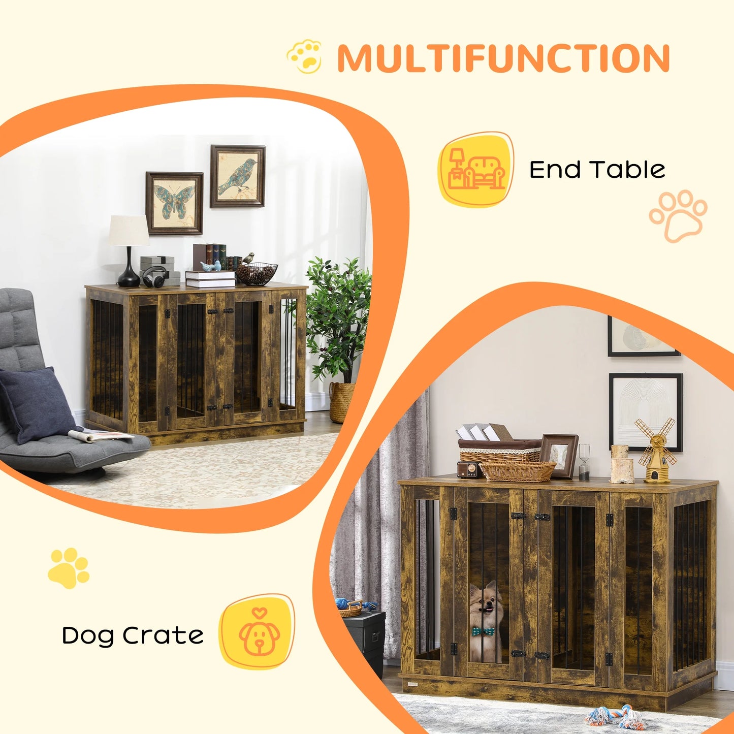 Large Furniture Style Dog Crate with Removable Panel Rustic Brown