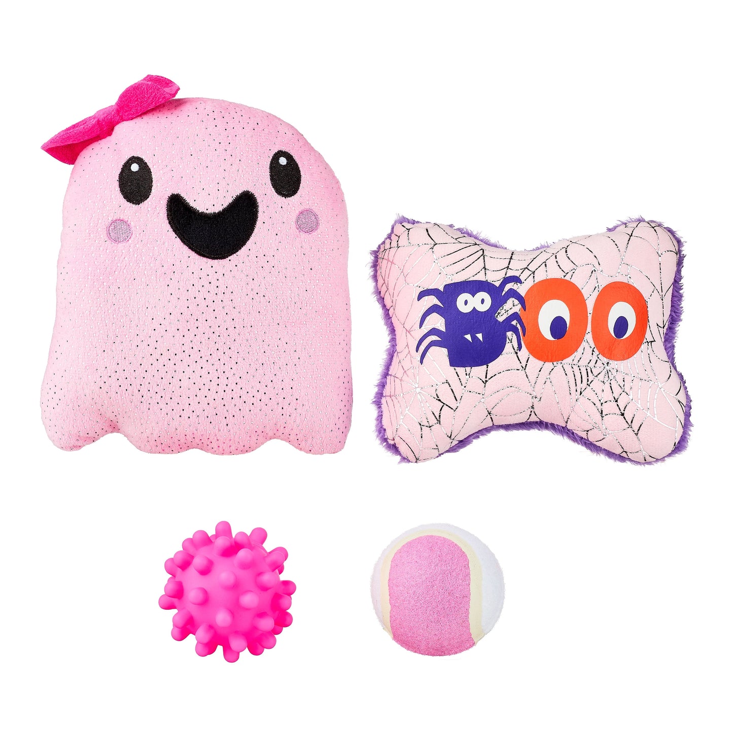 Halloween Dog Toys, 4 Piece Multipack, Pink Plush Ghost, Pink Squeaky Bone, Pink Tennis Ball, Pink Spiky Ball