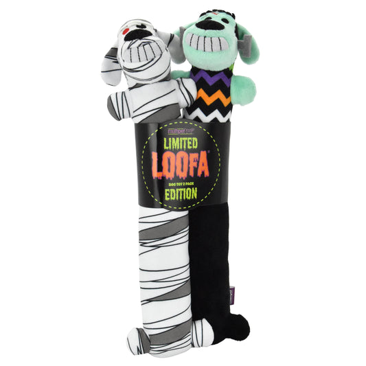 Smiling Loofa Halloween Plush Dog Toy with Squeaker, 2 Piece Multipack, Frankenstein and Mummy, 12"