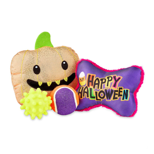 Halloween Dog Toys, 4 Piece Multipack, Orange Plush Pumpkin, Purple Squeaky Bone, Multicolored Tennis Ball, Yellow Spiky Ball