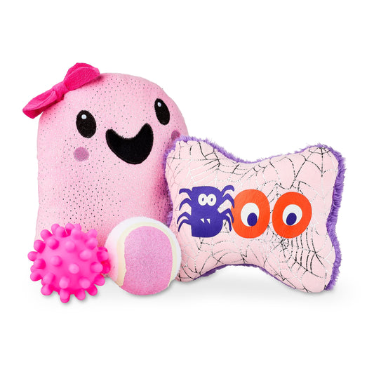 Halloween Dog Toys, 4 Piece Multipack, Pink Plush Ghost, Pink Squeaky Bone, Pink Tennis Ball, Pink Spiky Ball