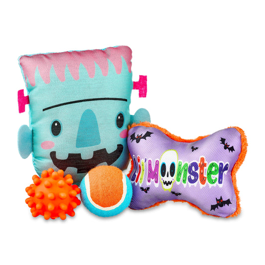 Halloween Dog Toys, 4 Piece Multipack, Teal Plush Frankenstein, Purple Squeaky Bone, Multicolored Tennis Ball, Orange Spiky Ball