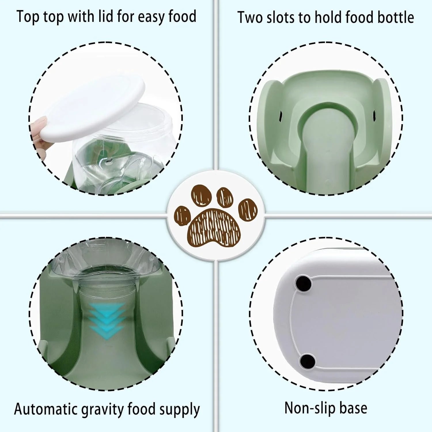 Automatic Dog Food Feeder Gravity Cat Food Dispenser Large Capacity Pet Self Feeding Station Bowl Dish for Small and Medium Dogs Cats,1 Gallon,Green