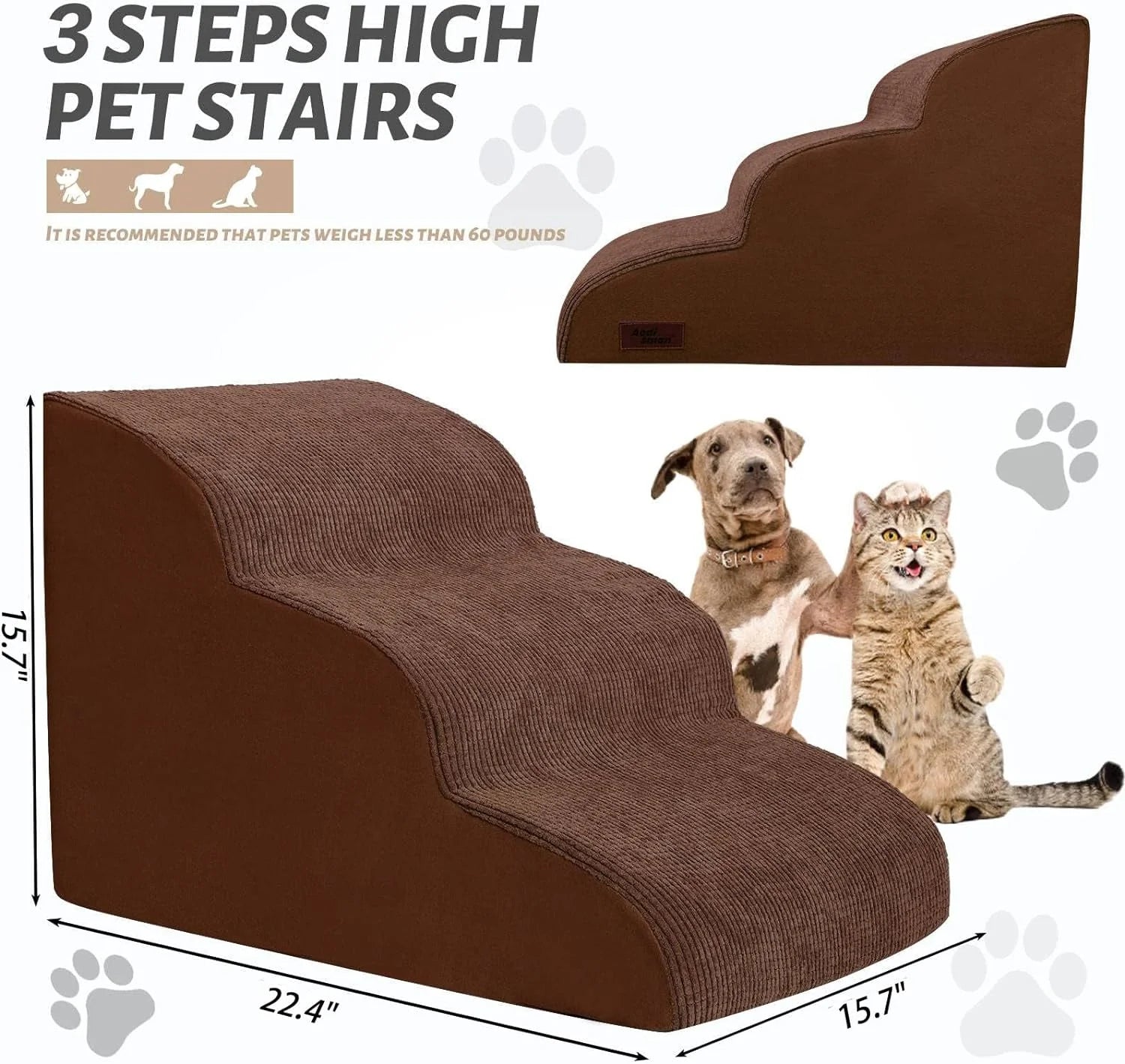 Dog Ramp for Couch or Bed, 3-Step Dog Stairs & Steps for Small Dogs and Old Cats, Soft and Non-Slip Pet Steps, Suitable for Short-Legged Dogs, Injured Pets