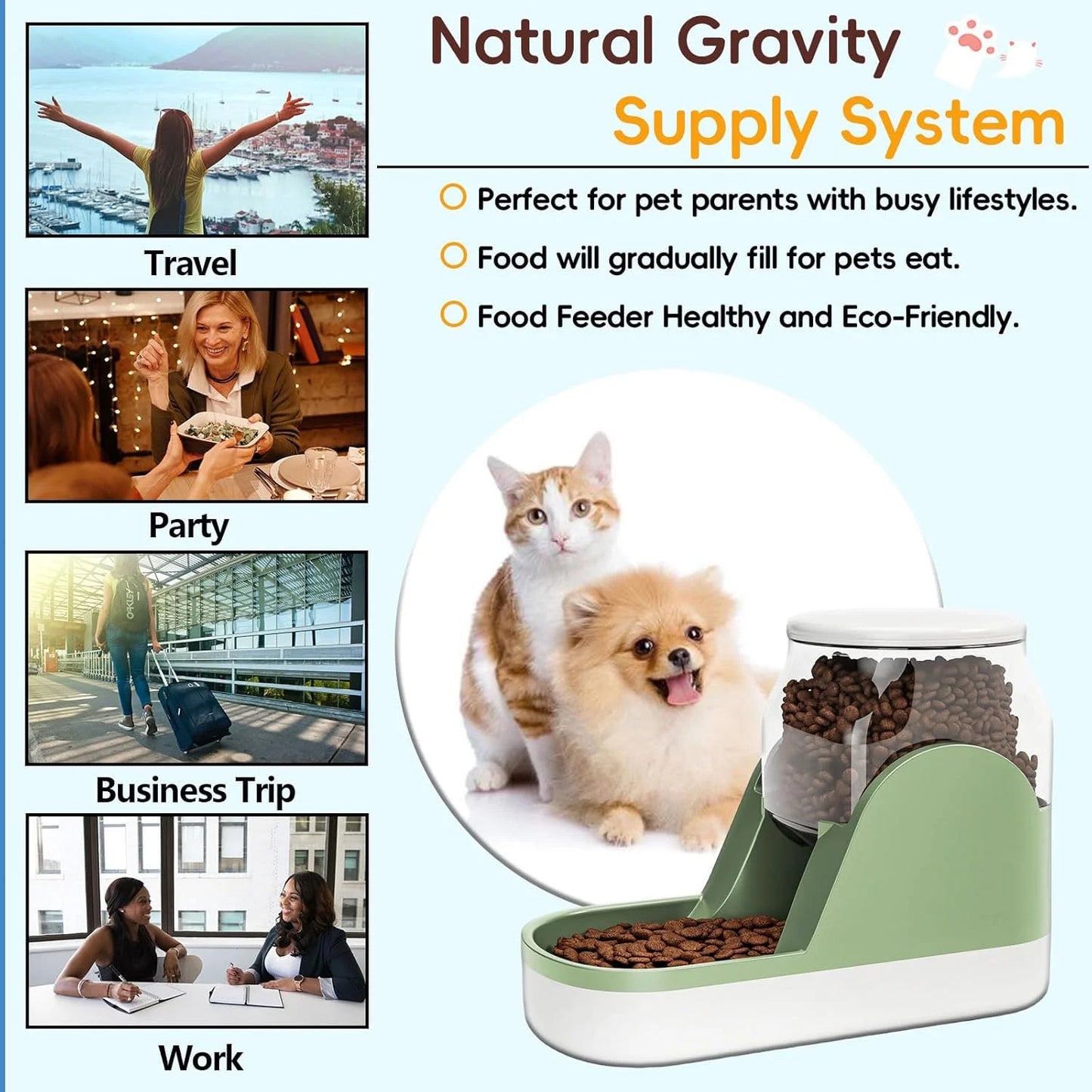 Automatic Dog Food Feeder Gravity Cat Food Dispenser Large Capacity Pet Self Feeding Station Bowl Dish for Small and Medium Dogs Cats,1 Gallon,Green