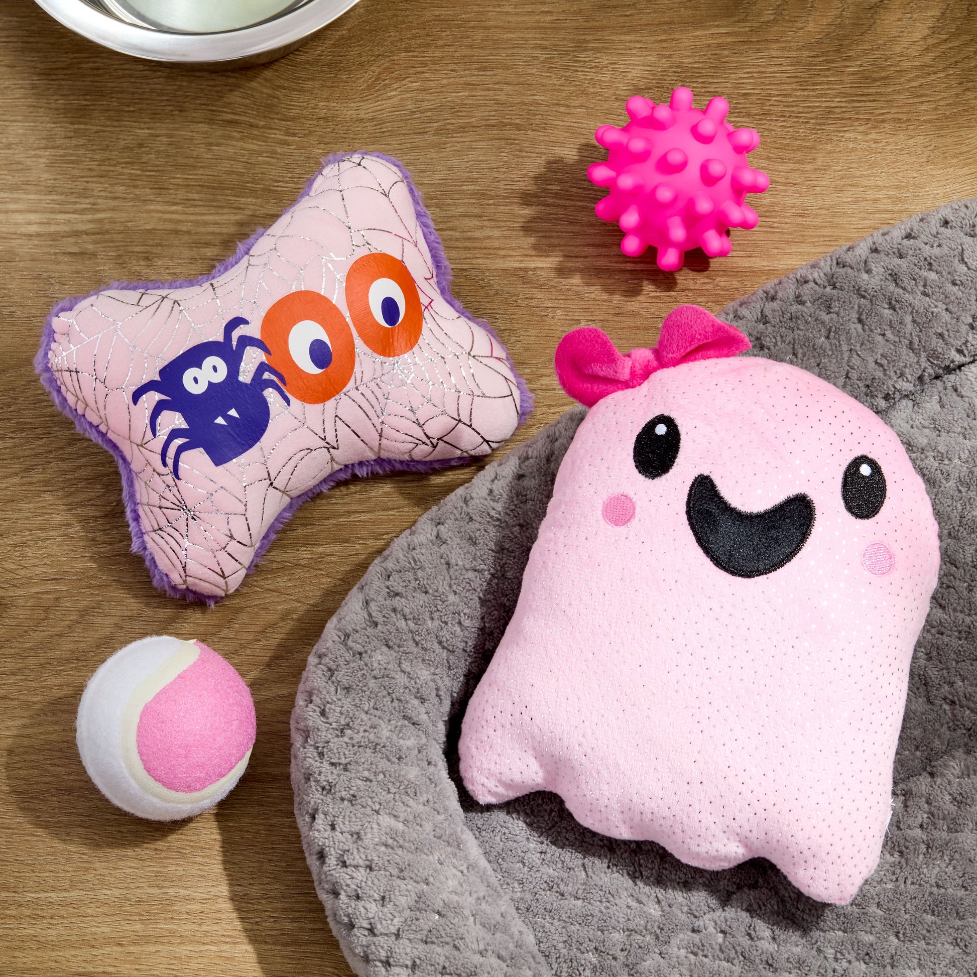 Halloween Dog Toys, 4 Piece Multipack, Pink Plush Ghost, Pink Squeaky Bone, Pink Tennis Ball, Pink Spiky Ball