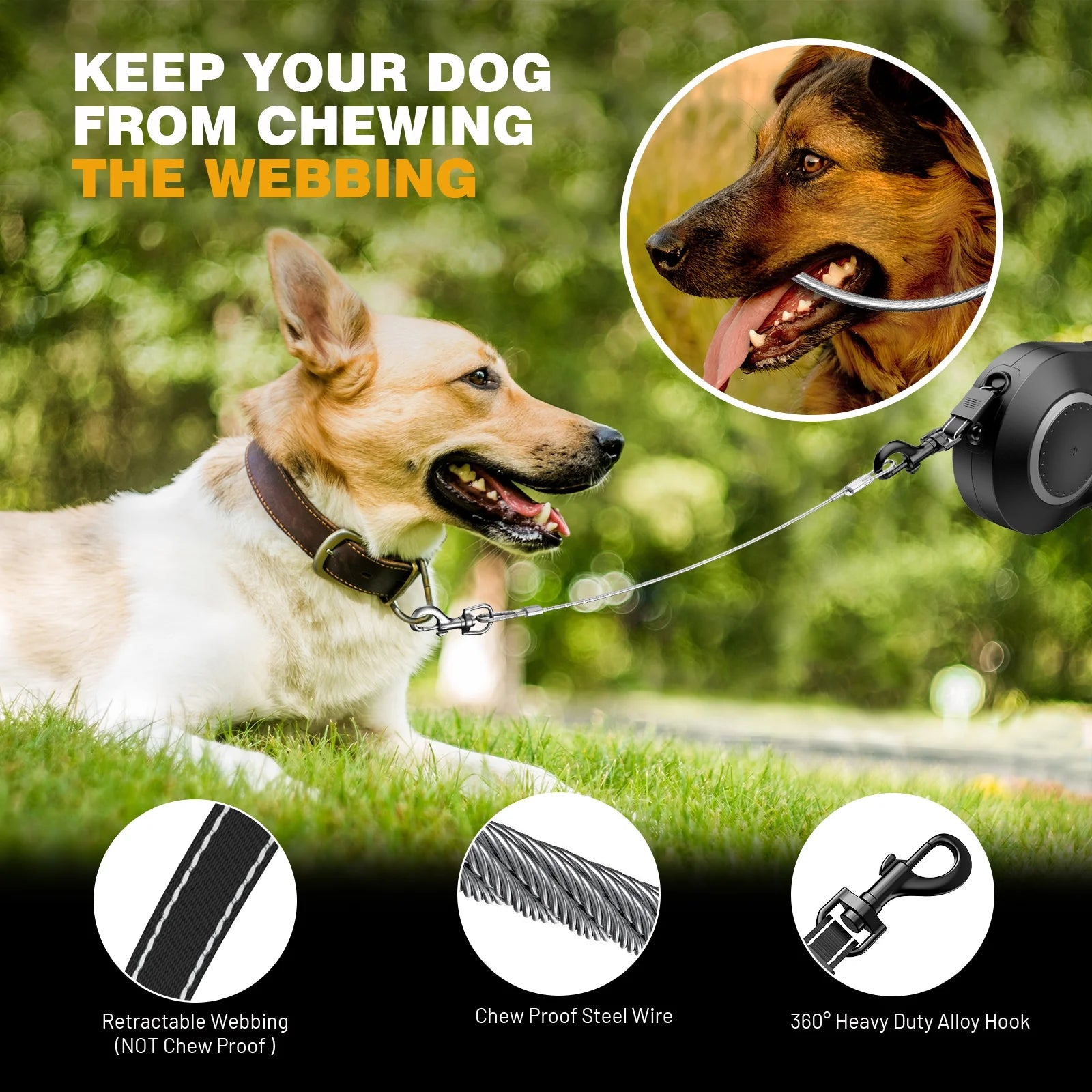Retractable Dog Leash with Chew Proof Wire Rope, 20Ft Dog Leash Retractable Withlight, Poop Bag Dispenser