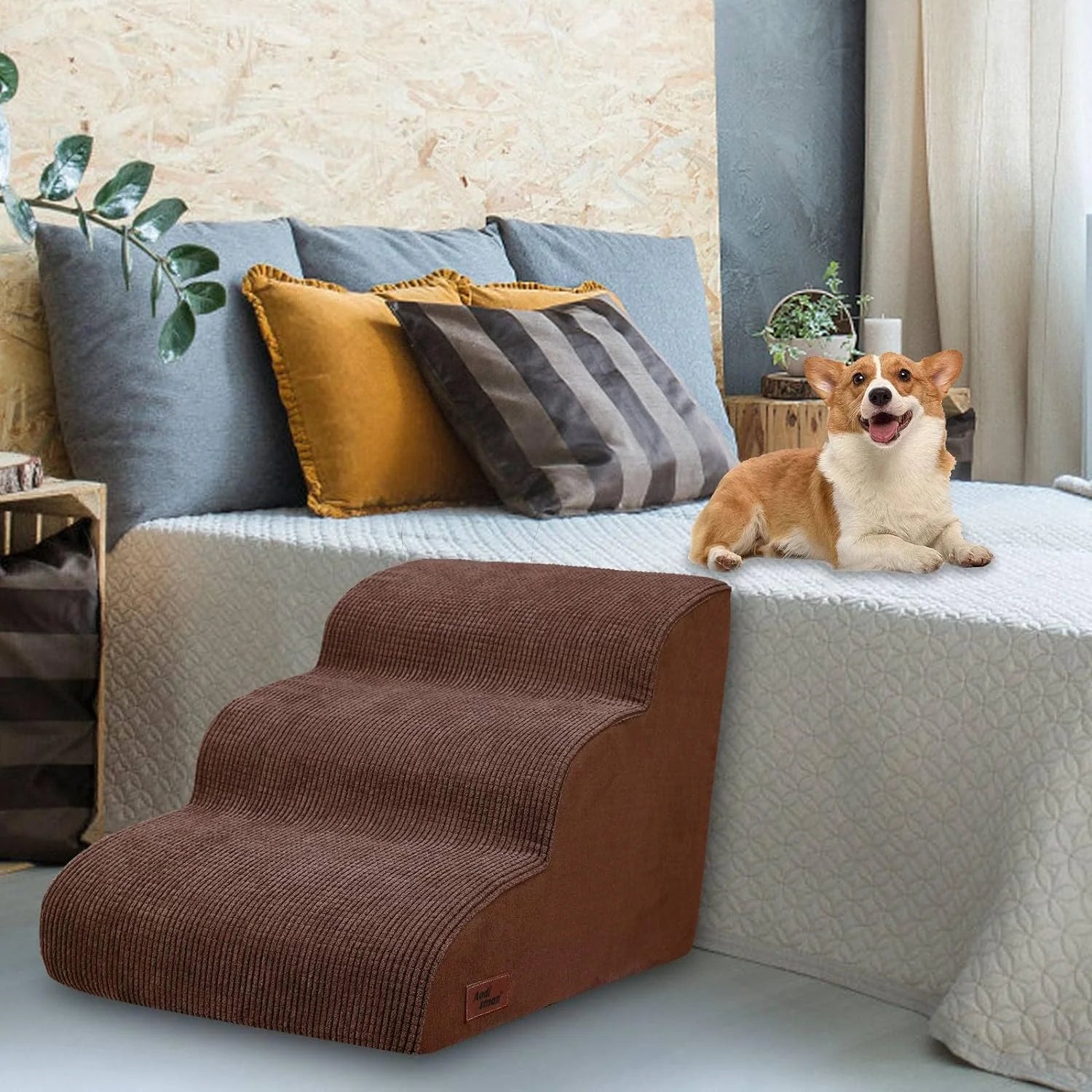 Dog Ramp for Couch or Bed, 3-Step Dog Stairs & Steps for Small Dogs and Old Cats, Soft and Non-Slip Pet Steps, Suitable for Short-Legged Dogs, Injured Pets