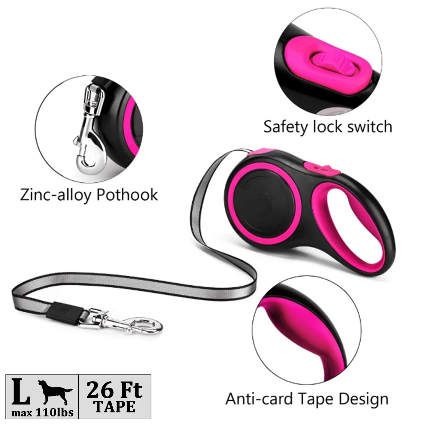 4 Pack Retractable Dog Leash,26Ft Dog Leash for Small Medium Large Dogs up to 110Lbs,360° Tangle-Free Reflective Nylon Tape,Adjustable Length,With Anti-Slip Handle,One-Handed Brake,Pause,Lock