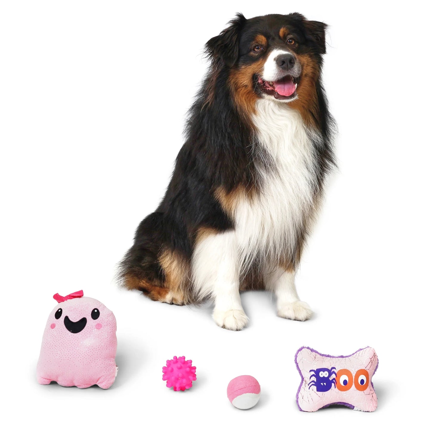 Halloween Dog Toys, 4 Piece Multipack, Pink Plush Ghost, Pink Squeaky Bone, Pink Tennis Ball, Pink Spiky Ball